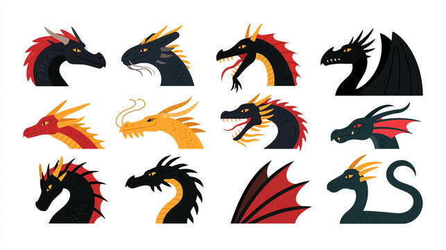 Illustration of various dragon heads in vibrant colors and unique styles.