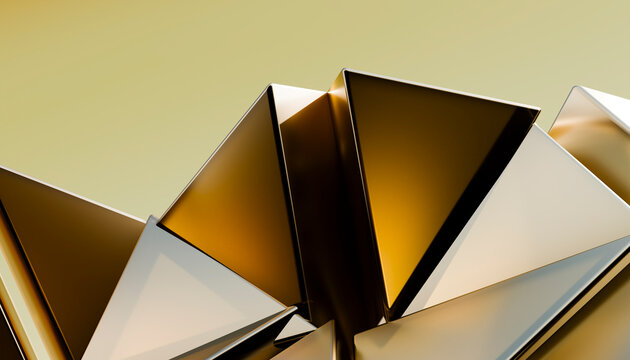 Golden triangular geometric forms in abstract 3D render