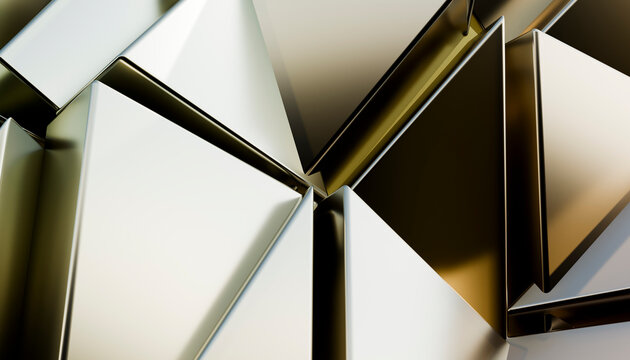 Golden triangular geometric abstract background with metallic surfaces