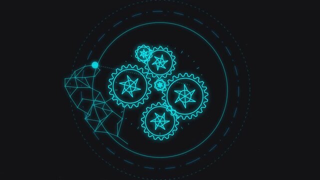 Digital brain interface with rotating gears schematic on dark background.