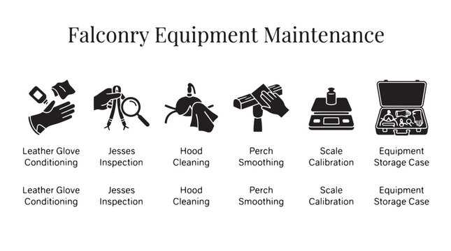 Falconry equipment maintenance icons set showing leather glove conditioning, jesses inspection, hood cleaning, perch smoothing, scale calibration and storage case for bird of prey care isolated on