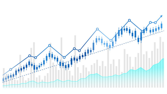 Modern Business Stock Market Analytics Background with Rising Candlestick Chart, Trend Graph and Financial Data Visualization