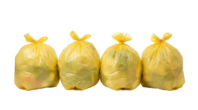 Four yellow plastic trash bags isolated on transparent background
