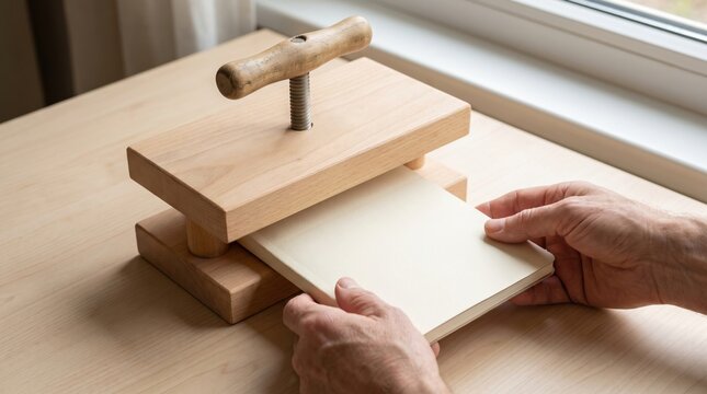Person placing a handmade book into a traditional wooden book press