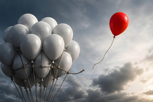 Single Balloon Breaking Free from Tethered Balloon Group, Freedom and Independence Concept