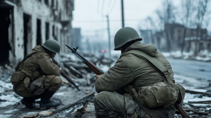 Obraz premium Soldiers in uniform crouch in war-torn city ruins during winter