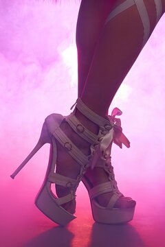 Woman's legs in strappy platform stiletto heels with pink neon backlighting and smoke