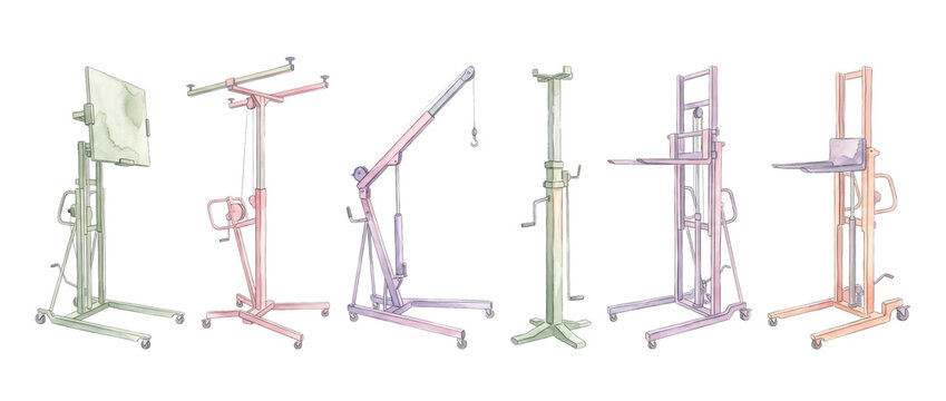 Industrial lifting equipment hoist crane set including drywall panel lifter hydraulic stacker manual forklift isolated white background construction machinery watercolor illustration design vector