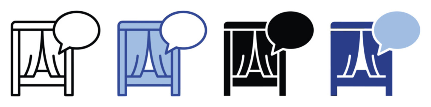 Set of translation booth icons with speech bubble symbol for global communication solutions