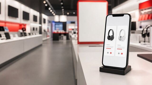 Black Friday headphone comparison on smartphone in electronics store