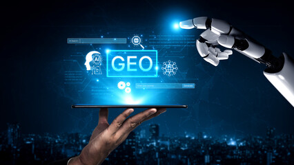 Fototapeta premium Digital marketing concept featuring GEO strategy. Generative AI search visual shows GEO interface integrating intelligence, logic, and AI input system for prompt tasks. Corpus