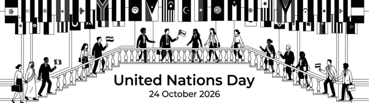 United Nations Day 24 October 2026 Celebration with Diverse People and International Flags Background