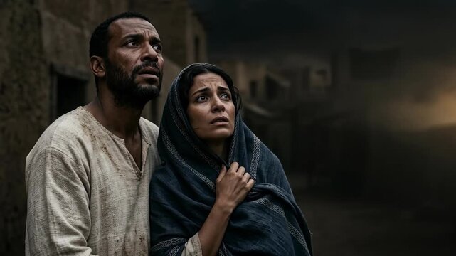 Biblical man and woman looking up with fear and shock during a devastating ancient Egypt plague in a dark smoky village setting evoking divine wrath and historical tragedy