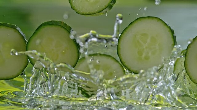 Super Slow Motion Shot of Cucumber Cuts Falling into Water and Making Splash at 1000fps.
