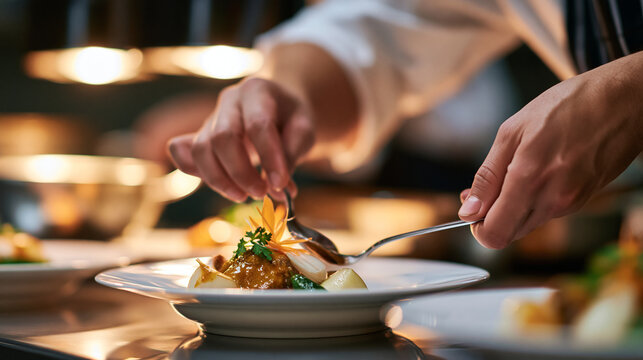 Chef plating a gourmet curry dish with intricate garnishes, presenting it as a culinary masterpiece worthy of fine dining, with copy space