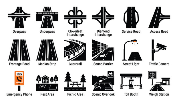 Set of essential road and highway icons depicting various traffic and rest stop features