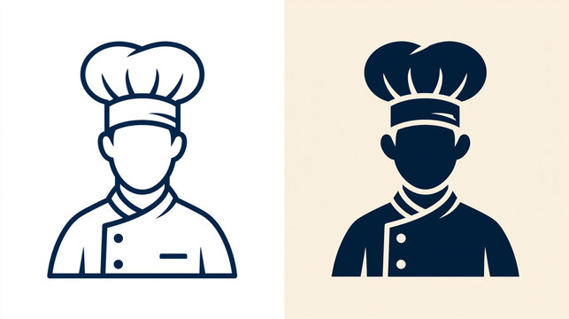 Chef icon shown in both outline and silhouette style, showcasing the traditional toque hat and uniform, culinary branding graphic, with copy space