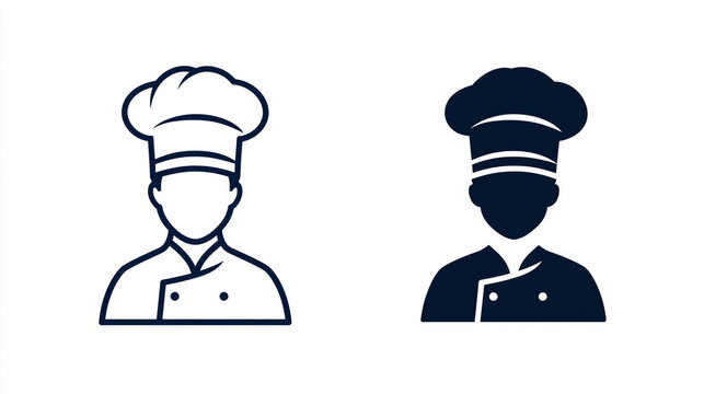 Chef icon shown in both outline and silhouette style, showcasing the traditional toque hat and uniform, culinary branding graphic, with copy space