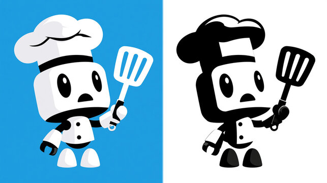 Stylized robot chef character holding a spatula, presented in contrasting black and white versions, playful culinary illustration concept, with copy space