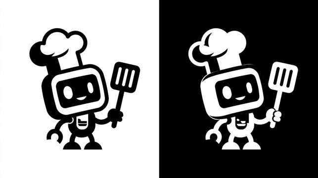 Stylized robot chef character holding a spatula, presented in contrasting black and white versions, playful culinary illustration concept, with copy space