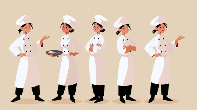 Vector illustration of a female chef set in different poses, culinary character design concept, with copy space