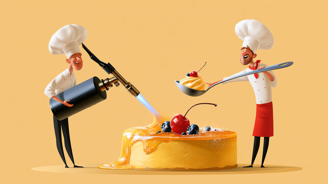 Two expressive pastry chefs preparing an oversized dessert with a large kitchen torch and spoon, one caramelizing sugar while the other presents the finished creation, dessert