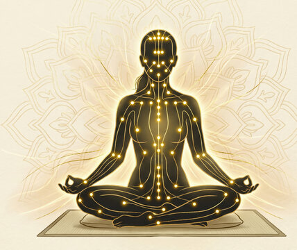 Meditating Woman with Energy Flow and Acupuncture Points