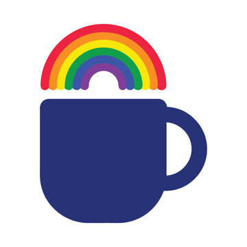 Blue coffee mug with a vibrant rainbow arching over its rim during a bright day