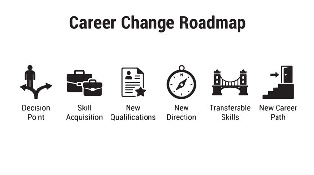 Career change roadmap infographic with black icons representing decision point, skill acquisition, qualifications, new direction, transferable skills and career path transition steps isolated on