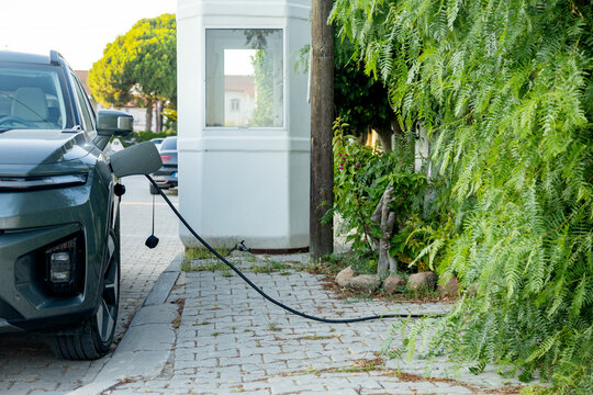 Electric car charging beside a green urban garden