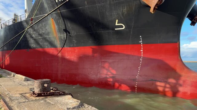 Maritime shipping cargo vessel bow with bulb section floating in harbor basin, red underwater hull and draft marks