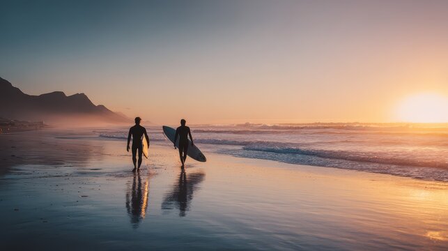 Two surfers walking on a wet beach during sunset with calm waves and distant mountains