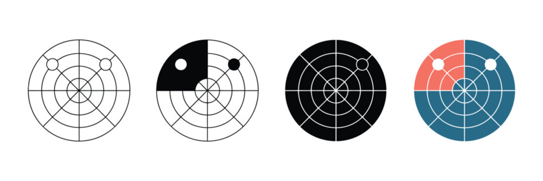 Radar screen icons set, sonar display vector collection. Minimalist navigation tracking symbols, military aviation scanning interface elements.