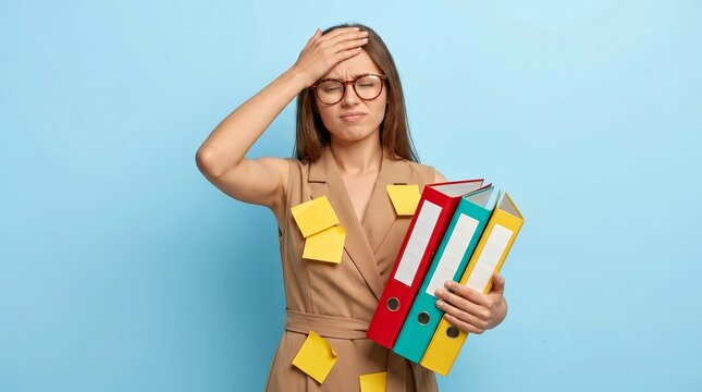 Anxious professional woman with many sticky notes and colorful ring binders against a blue backdrop.