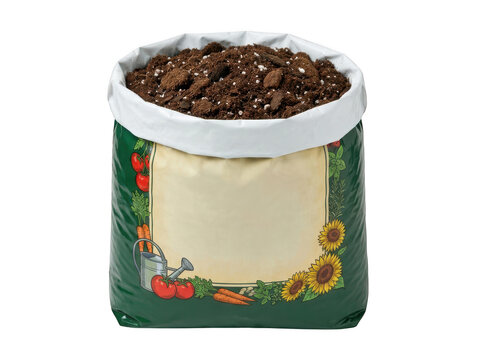 Open bag of potting soil isolated on transparent background
