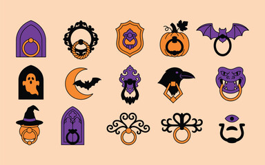 Fototapeta premium Collection of decorative halloween door knockers featuring a spooky dark artistic style and a distinct graphic silhouette