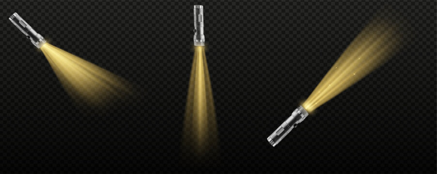 Realistic flashlight with light beam set torch spotlight shining ray vector illustration on transparent background