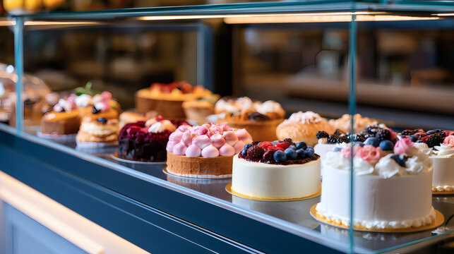 Assortment of delicious cakes and pastries displayed in a glass showcase at a modern bakery. Colorful desserts topped with fresh berries, cream, and decorations.