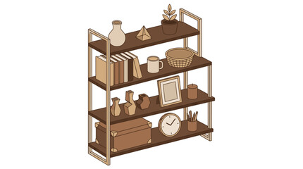 Modern wooden bookshelf with decorative items and storage. © Ladaku
