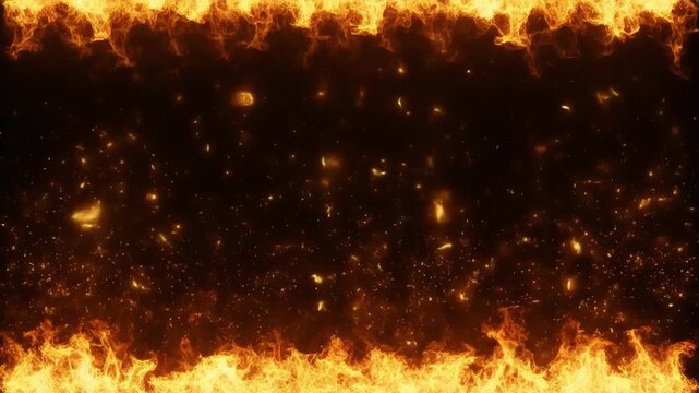 Dynamic fire wall expanding across black background with glowing embers and sparks in cinematic motion