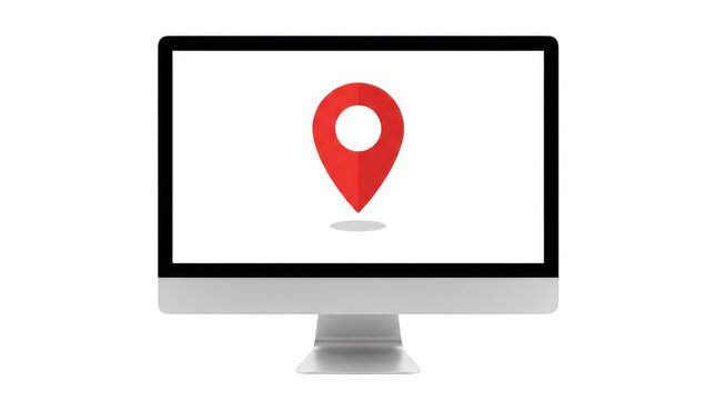 Computer monitor with a red location pin icon on the screen isolated on transparent background