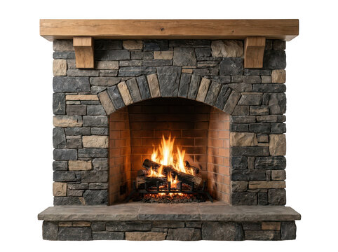 Rustic stone fireplace with a burning fire and wooden mantel isolated on transparent background