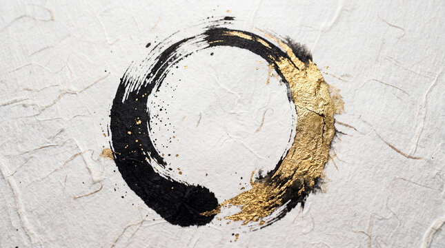 Black ink enso circle with gold leaf is painted on textured handmade washi paper, featuring elegant brushstrokes and metallic splatters for luxury oriental branding and zen design