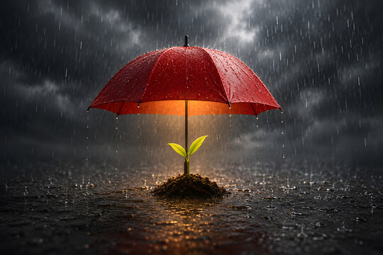 Young Green Seedling Protected by Red Umbrella in Rain, Growth and Hope Concept