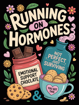 A colorful design features text about dealing with hormones, with playful elements like cookies and chocolate. Surrounding flowers add a whimsical touch.