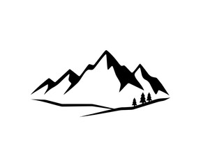 Fototapeta premium Minimalist black and white illustration of mountain peaks with a small cluster of pine trees at the base, depicting a serene natural landscape.
