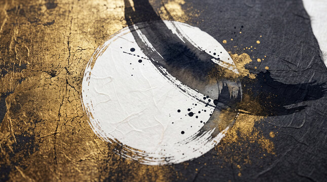 Japanese sumi-e ink painting with gold leaf and enso circle motif, featuring textured washi paper, metallic gold foil, and black brush strokes, ideal for luxury oriental branding