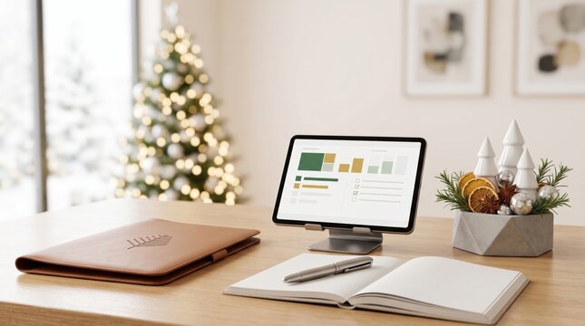 Digital tablet with financial charts on desk with notebook pen and Christmas decoration background holiday budget planning business office workspace