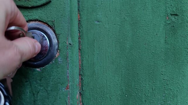 woman remove a key from a round metal door lock on a weathered green wooden gate, access control, home security, rustic property entrance, close up
