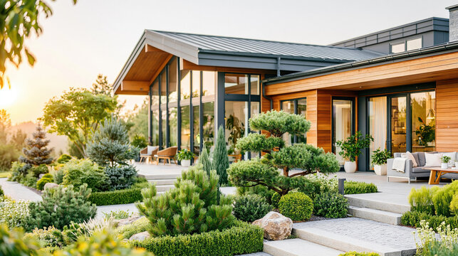 Beautiful Landscaped Front Yard with Manicured Evergreen Shrubs and Modern House